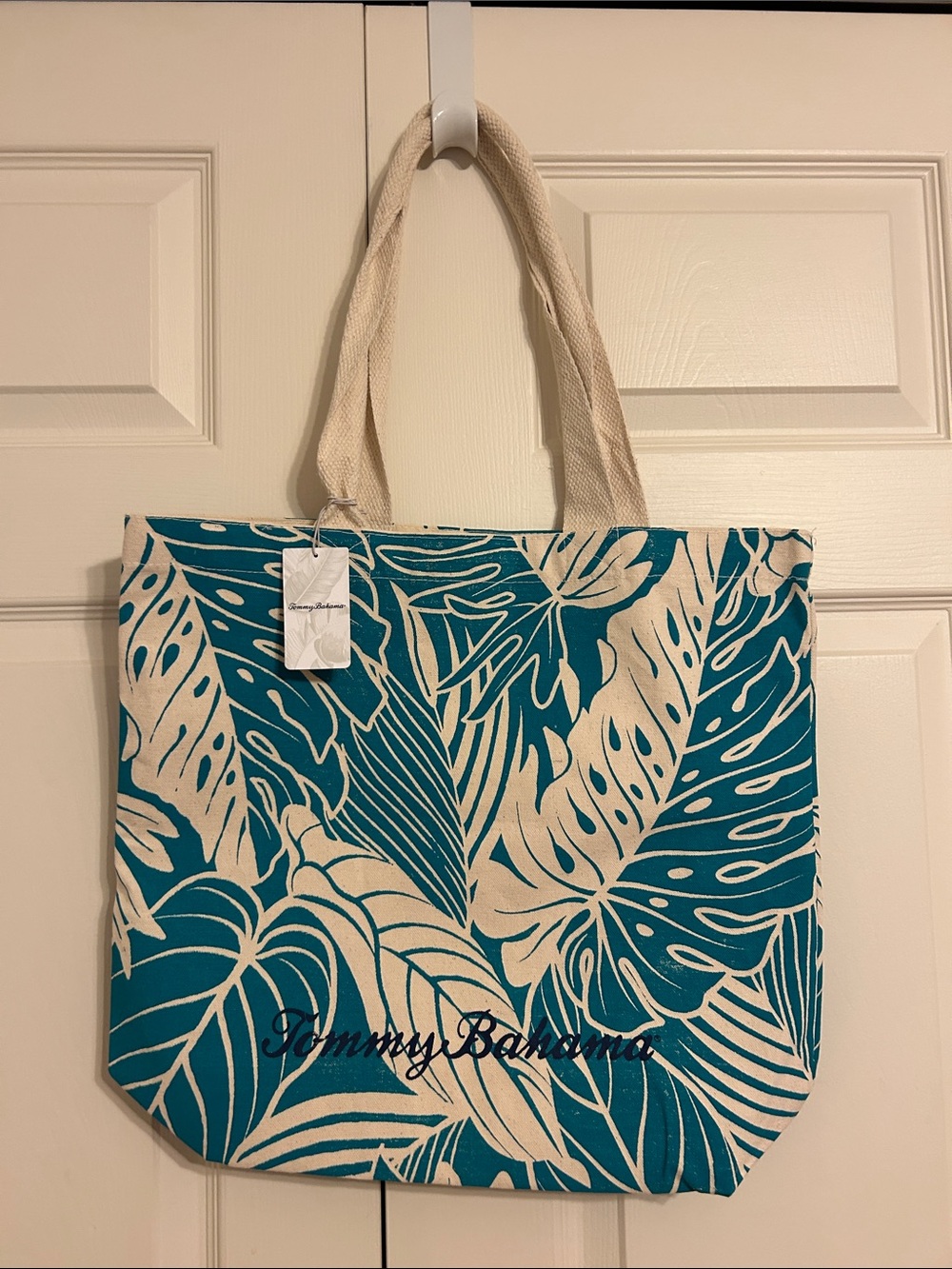 Tommy Bahama Teal and Cream Tropical Leaf Canvas Tote